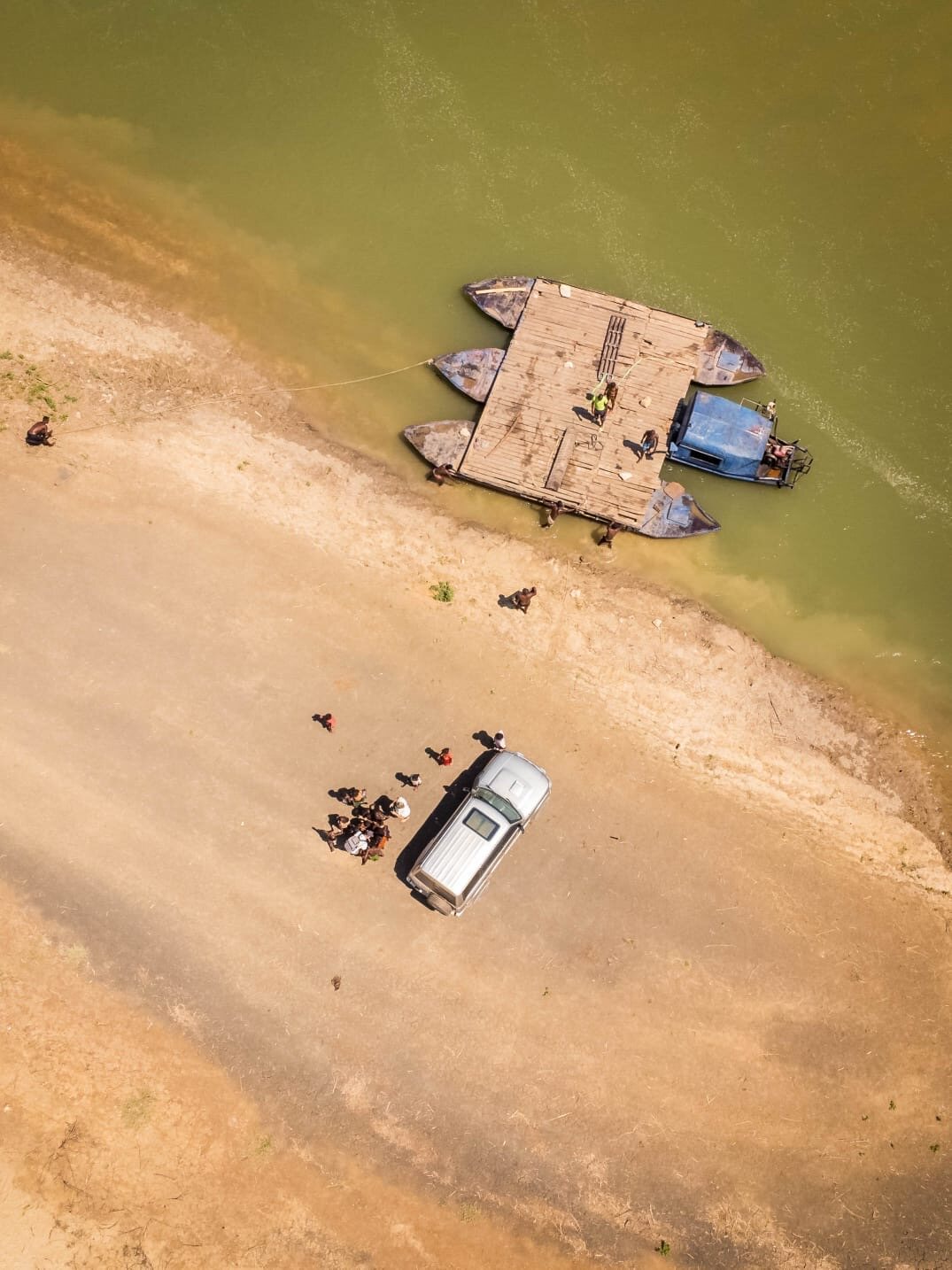 Aerial view of a 4x4 river crossing in western Madagascar