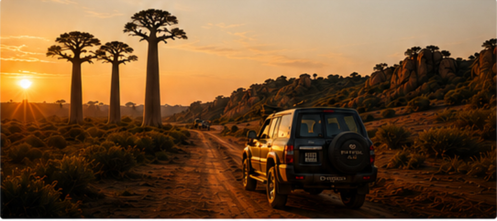4x4 beneath baobabs at sunset in southern Madagascar